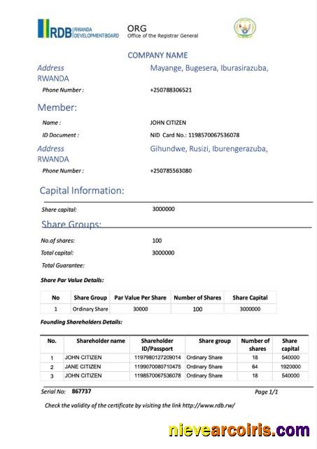 Rwanda certificate of registration  
